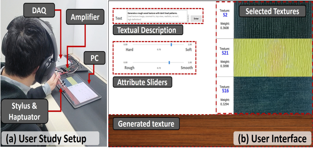 User interacting with the final interface of the text-driven texture synthesis system that generates visual and haptic textures from natural language prompts.